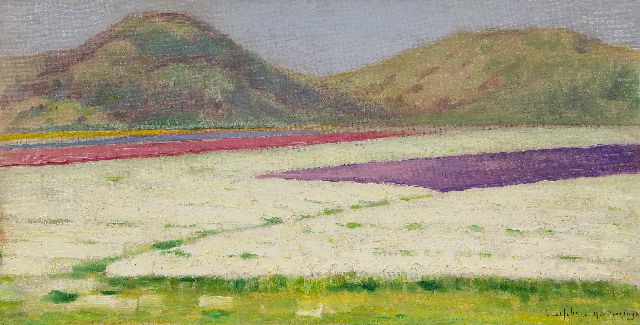 Lefebvre A.  | Blumenzwiebelfelder in der Nähe von Noordwijk, Öl auf Leinwand 32,7 x 62,3 cm, Unterzeichnet u.r. und datiert 1918