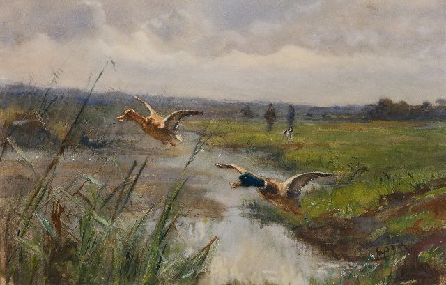 John Hulk jr. | Flusslandschaft mit fliegenden Enten, Aquarell auf Papier, 38,6 x 60,7 cm, Unterzeichnet u.r.