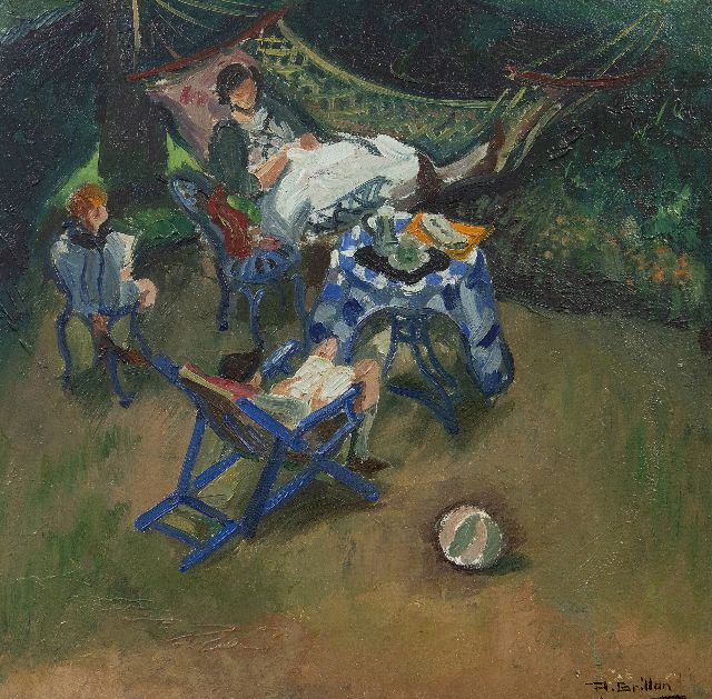Grillon R.M.  | Die Familie des Malers im Garten, Öl auf Holzfaser 40,8 x 41,0 cm, Unterzeichnet r.u. und datiert um 1900