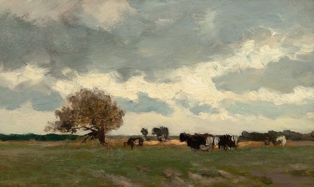 Jan Hendrik Weissenbruch | A Dutch landscape with cows in a meadow, Öl auf Holz, 15,0 x 25,1 cm