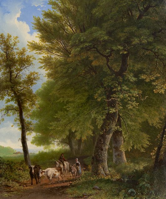 Willem Bodeman | Eine Bäuerin mit Vieh und ein Reisender auf einem Waldweg, Öl auf Holz, 58,8 x 49,0 cm, Unterzeichnet u.l.