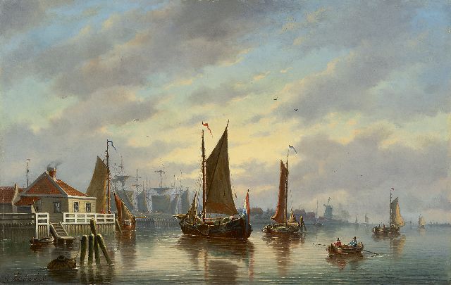 Hilverdink J.  | Segelboote bei einem Stadthafen, Öl auf Holz 39,3 x 61,5 cm, Unterzeichnet l.u.