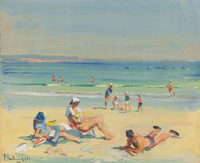 Léon Pringels | Ein Strandtag im Sommer, Öl auf Holz, 21,9 x 26,8 cm, Unterzeichnet u.l.