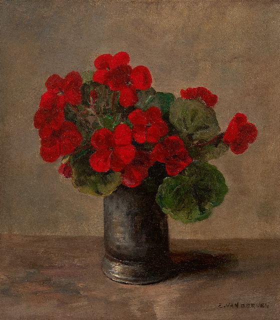 Manus van der Ven | Zinnvase mit Geranienzweigen, Öl auf Leinwand, 32,6 x 29,1 cm, Unterzeichnet u.r. und ohne Rahmen