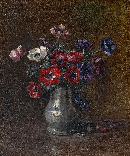 Ven E.E.G. van der | Zinnvase mit Anemonen, Öl auf Leinwand 57,0 x 48,5 cm, Unterzeichnet u.r. und ohne Rahmen