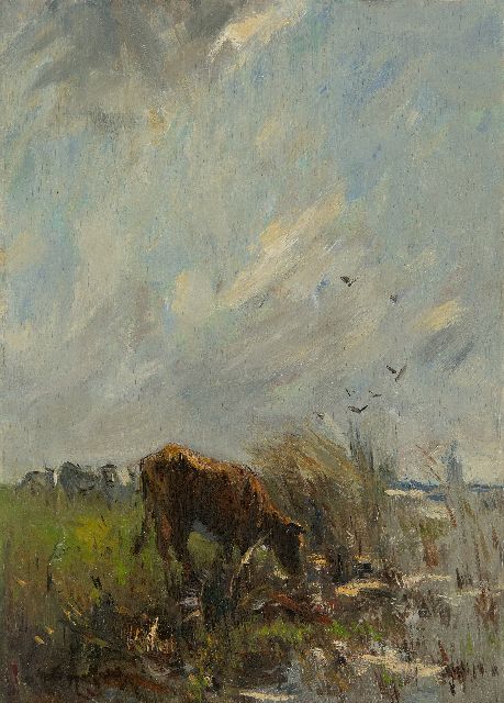 Willem Maris | Weidende Kühe am Wasser, Öl auf Holz, 38,0 x 27,2 cm, Unterzeichnet l.u.