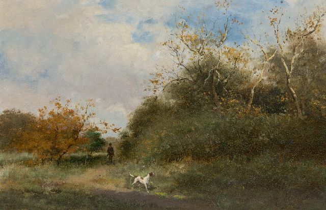 Otto Eerelman | Dünenlandschaft mit einem Jäger und seinem Hund, Öl auf Holz, 25,3 x 38,5 cm, Unterzeichnet u.r.