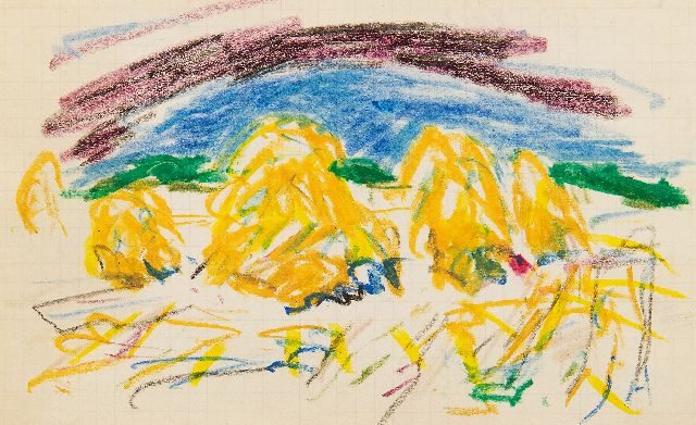 Jan Altink | Landschaft mit Heuhaufen, Kreide auf Papier, 10,5 x 16,5 cm, Unterzeichnet u.r. mit Initialen und verkocht
