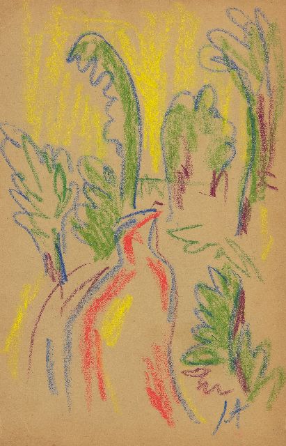 Jan Altink | Landschaft mit rotem Weg, Kreide auf Papier, 17,4 x 11,3 cm, Unterzeichnet u.r. mit Initialen