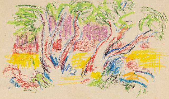Jan Altink | Blick zwischen Bäumen, Kreide auf Papier, 12,6 x 20,1 cm, Unterzeichnet u.r. mit Initialen