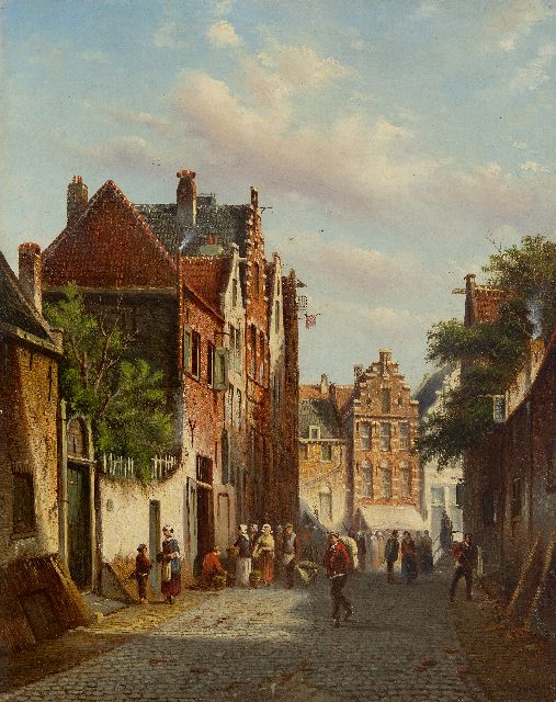 Johannes Franciscus Spohler | Geschäft in einer sonnendurchfluteten Straße, Öl auf Leinwand, 44,3 x 35,3 cm, Unterzeichnet u.r.