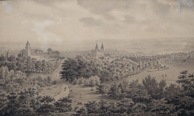 Onbekend 19e eeuw  | Panoramablick auf die deutsche Stadt Kleve mit dem Schwanenschloss und der Stiftskirche, Tinte auf Papier 23,0 x 28,0 cm