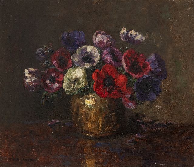 Ven E.E.G. van der | Anemonen in einem Kupfertopf, Öl auf Leinwand 37,3 x 43,2 cm, Unterzeichnet u.l.