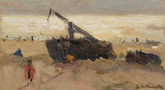 Morgenstjerne Munthe | Fischerboot am Strand, Öl auf Holz, 12,4 x 22,4 cm, Unterzeichnet u.r.