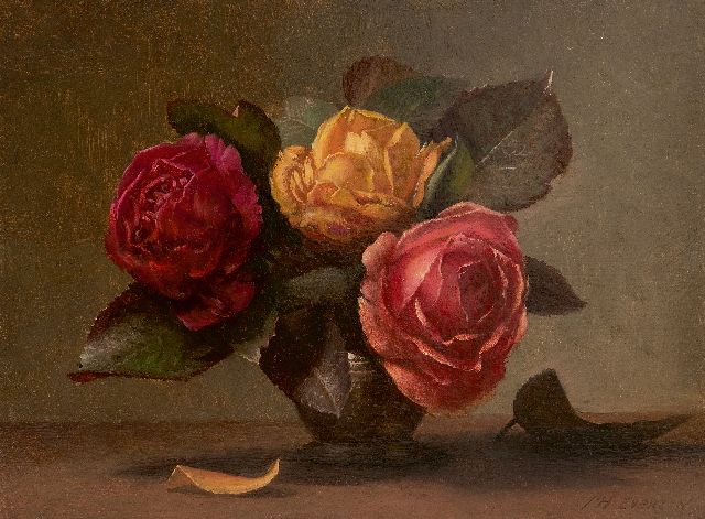 Jan Eversen | Rosen in einer Zinnvase, Öl auf Holz, 18,2 x 24,1 cm, Unterzeichnet u.r.