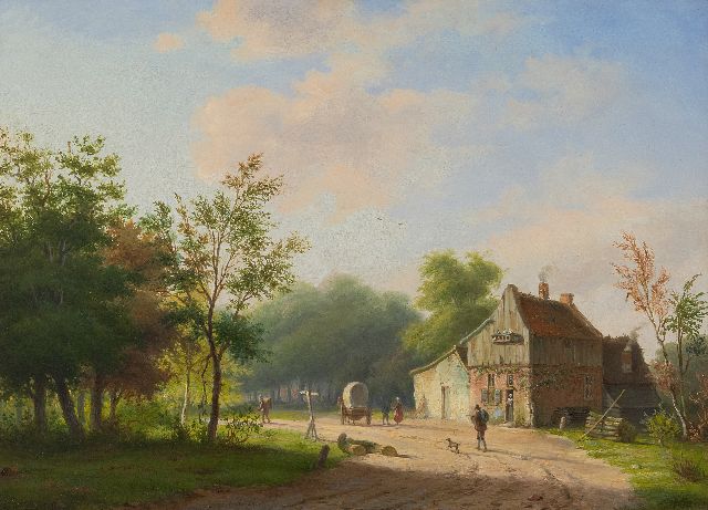 Marinus Adrianus Koekkoek I | Landstraße mit Bauernhof und Figuren, Öl auf Holz, 28,3 x 38,8 cm, Unterzeichnet u.m.
