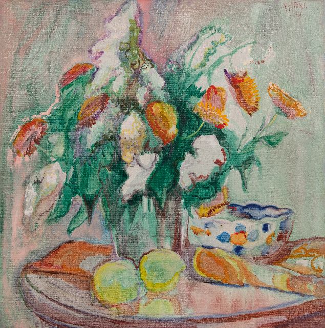 George Martens | Blumenstillleben mit Zitronen, benzinerel and wax paint on canvas, 50,3 x 50,3 cm, Unterzeichnet o.r.
