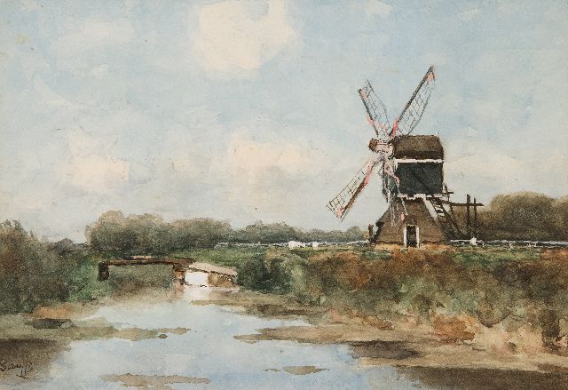 Victor Bauffe | Windmühle in einer Polderlandschaft, Aquarell auf Papier, 17,7 x 25,5 cm, Unterzeichnet u.l.