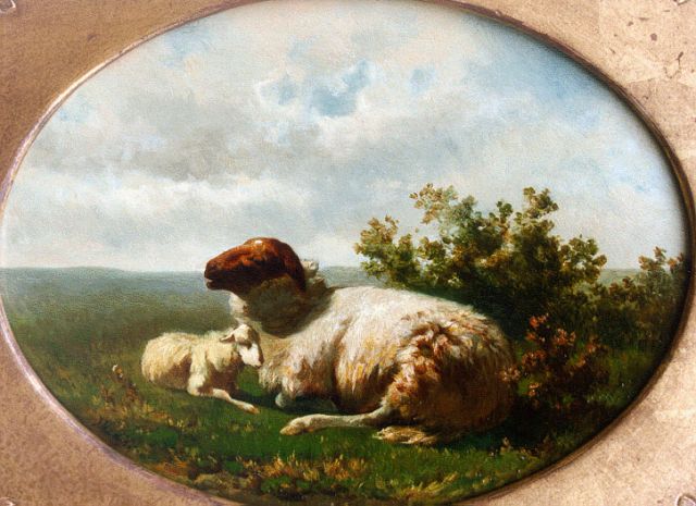 Haas J.H.L. de | Sheep and lamb (counterpart), Öl auf Holz 18,0 x 25,4 cm, signed l.l. with monogram