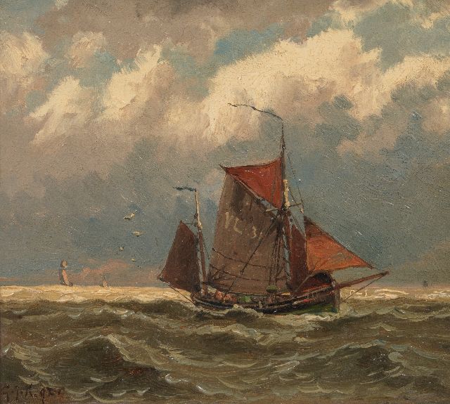 Koekkoek G.J.  | Fischerboot auf hoher See, Öl auf Holz 14,6 x 16,9 cm, Unterzeichnet u.l. mit Initialen und datiert '92