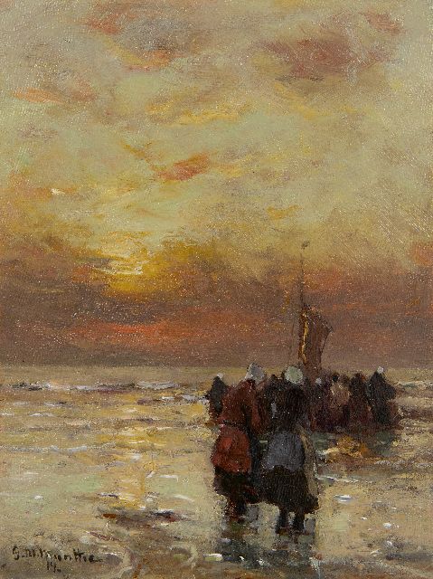 Munthe G.A.L.  | Fischerfrauen in der Brandung bei Sonnenuntergang, Öl auf Holz 21,1 x 15,9 cm, Unterzeichnet u.l. und datiert '14