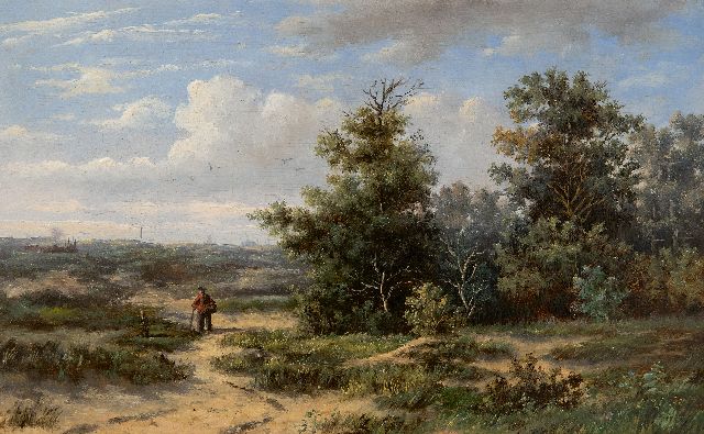 Wijngaerdt A.J. van | Niederländische Dünenlandschaft mit Haarlem in der Ferne, Öl auf Holz 18,9 x 30,4 cm