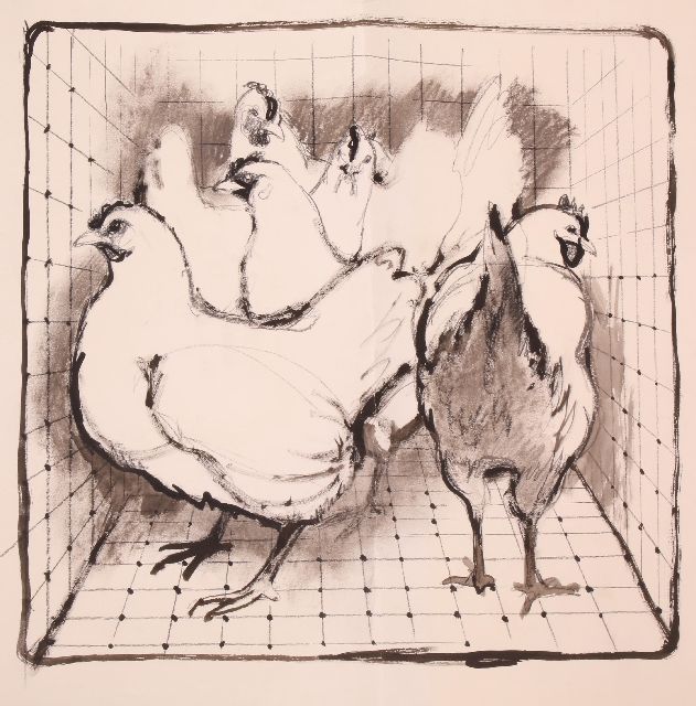 Rien Poortvliet | Hühner im Auslauf, Holzkohle und Tinte auf Papier, 49,4 x 64,8 cm