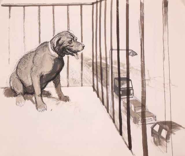 Rien Poortvliet | Der Hund beobachtet den Verkehr, Holzkohle und Tinte auf Papier, 50,0 x 64,8 cm