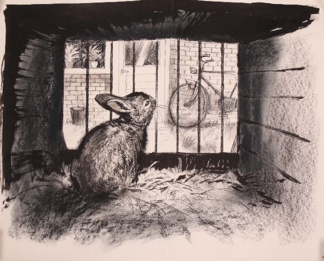Rien Poortvliet | Kaninchen im Stall, Holzkohle und Tinte auf Papier, 50,0 x 64,8 cm, zonder lijst