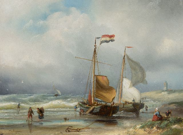 Nicolaas Riegen | Schiffe und Fischerleute am Strand, Öl auf Holz, 31,2 x 41,7 cm, Unterzeichnet u.l.