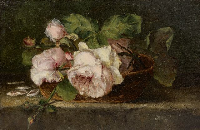 Adrienne van Hogendorp-'s Jacob | Rosen in einem Korb, Öl auf Leinwand, 25,4 x 38,5 cm, Unterzeichnet u.r.