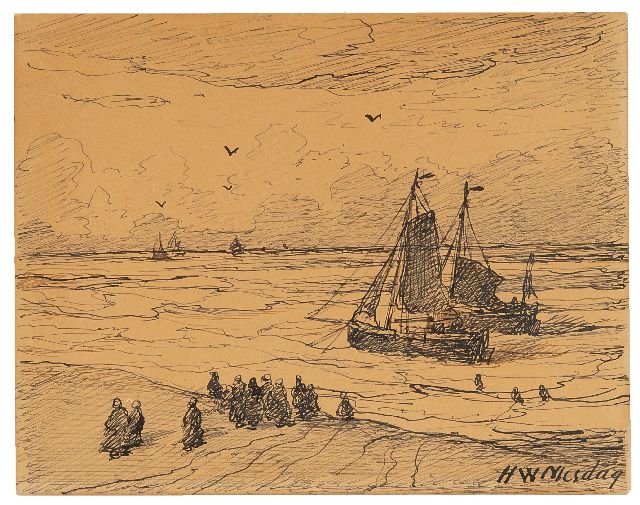 Hendrik Willem Mesdag | Fischerboote in der Brandung, Scheveningen, Feder und Tinte auf Papier, 11,4 x 14,5 cm, Unterzeichnet u.r. und datiert im Verso 3 Nov 1894