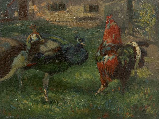 Moor P.C. de | Zwei Pfauen und ein Hahn, Öl auf Holz 18,0 x 24,0 cm, Unterzeichnet u.r. und ohne Rahmen