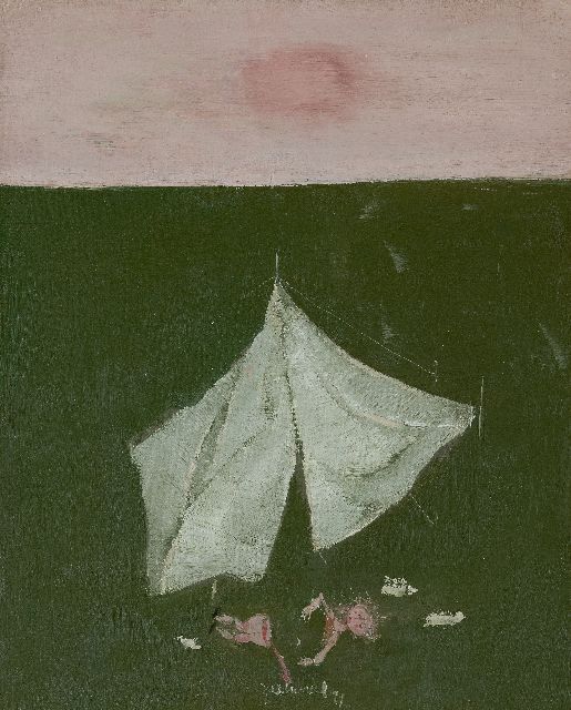 Jan van Heel | 'Tentje in landschap met gebroken pop' (Zelt in einer Landschaft mit einer kaputten Puppe), Öl auf Leinwand, 60,1 x 50,3 cm, Unterzeichnet M.u. und datiert '77