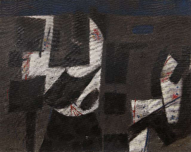 Theo Bitter | Komposition auf Schwarz, Öl auf Leinwand, 80,3 x 100,3 cm, Unterzeichnet l.u. und im Verso und datiert '62