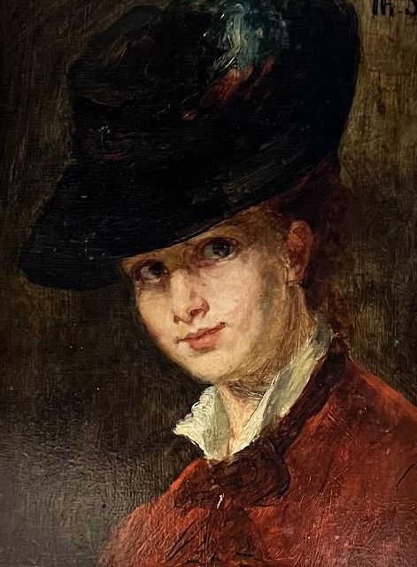 Schwartze T.  | Porträt von Lizzy Ansingh mit Hut, Öl auf Holz 24,0 x 17,9 cm, Unterzeichnet o.r. mit Initialen