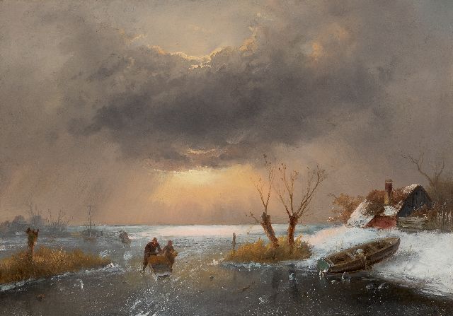 Charles Leickert | Holländischer Winter mit Skatern bei Sonnenuntergang, Öl auf Holz, 33,8 x 48,2 cm, Unterzeichnet u.r.