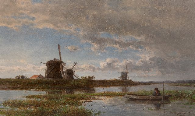 Willem Roelofs | Polderlandschaft mit Windmühlen und einem Angler, Öl auf Holz, 24,3 x 40,4 cm, Unterzeichnet u.r. und datiert '56