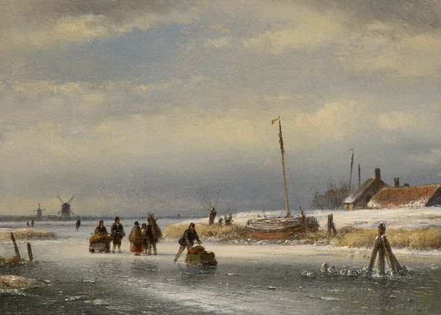 Lodewijk Johannes Kleijn | Eisszene mit Schlittschuhläufern und Schlitten, Öl auf Holz, 23,0 x 31,7 cm, Unterzeichnet u.r.