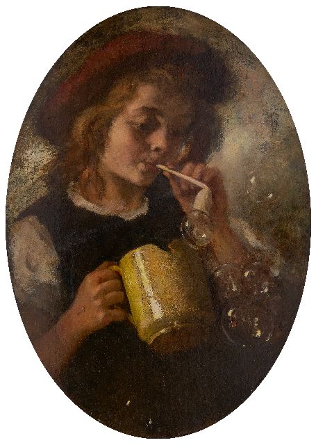 André Broedelet | Junge, der Seifenblasen bläst, Öl auf Eternit, 43,0 x 30,1 cm