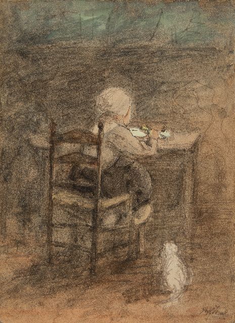 Jozef Israëls | Beim Frühstück, Bleistift und Aquarell auf Papier, 20,3 x 14,7 cm, Unterzeichnet u.r.