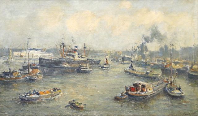 Evert Moll | Geschäftigkeit im Hafen von Rotterdam, Öl auf Leinwand, 60,1 x 100,4 cm, Unterzeichnet u.r.