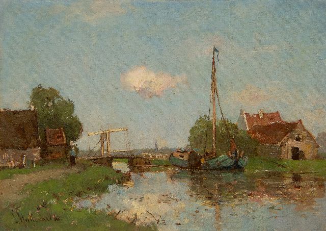 Louis Stutterheim | Blick auf den Fluss mit Häusern und Lastkahn, Öl auf Leinwand, 25,5 x 35,5 cm, Unterzeichnet u.l.