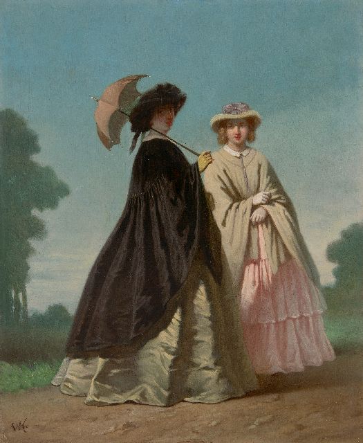 Willem Pieter Hoevenaar | Zwei elegante Damen bei einem Sommerspaziergang, Öl auf Holz, 31,3 x 25,5 cm, Unterzeichnet u.l. mit Monogram
