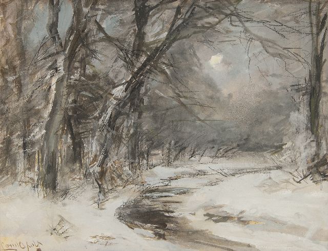 Louis Apol | Verschneite Waldszene, Gouache auf Papier, 15,5 x 20,5 cm, Unterzeichnet u.l.