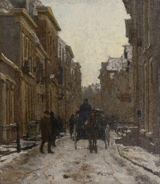Tholen W.B.  | Kutsche in verschneiter Straße in Voorburg, Öl auf Leinwand auf Holz 64,1 x 56,3 cm, Unterzeichnet u.r. und zu datieren um 1889