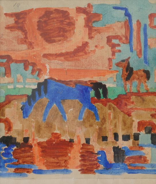 Jan Altink | Entwurf für einen Wandteppich: Zwei Pferde, Bleistift und Aquarell auf Papier, 46,8 x 32,8 cm, zu datieren um 1925