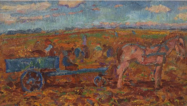Johan Dijkstra | Landarbeiter bei der Ernte, Öl auf Holzfaser auf Holz, 35,7 x 62,8 cm