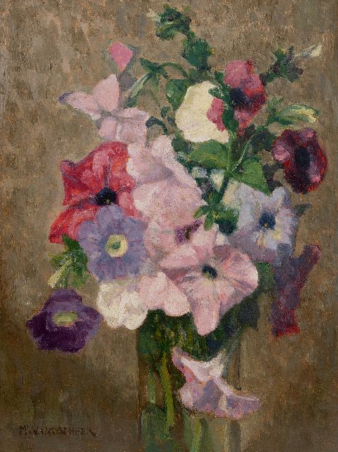 Marie Wandscheer | Blumenstillleben mit Petunien, Öl auf Holz, 32,2 x 23,6 cm, Unterzeichnet u.l.
