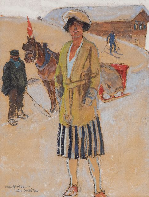 Willy Sluiter | Schneesport in St. Moritz, Schwarze Kreide und Aquarell auf Papier, 31,2 x 25,1 cm, Unterzeichnet u.l. und im Verso datiert 1928